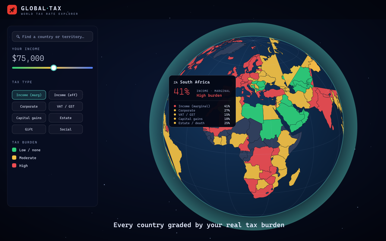 GlobalTax globe coloured by tax burden
