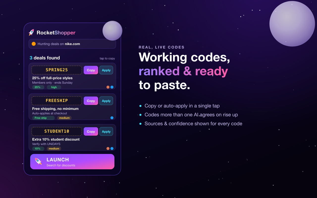 The RocketShopper popup showing a list of found coupon codes for a store, each with a Copy and Apply button