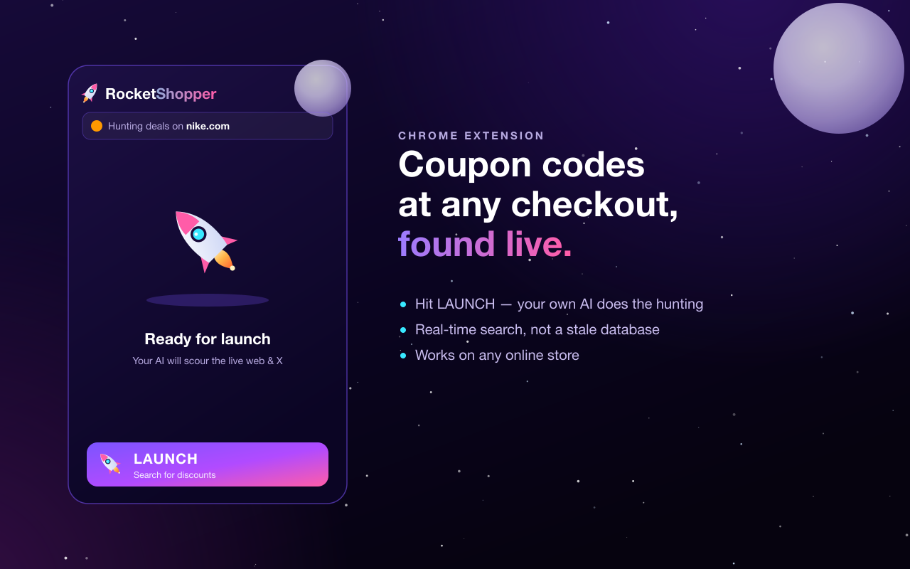 The RocketShopper launch screen with a big rocket and LAUNCH button
